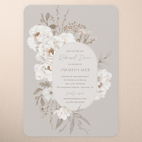 Full Bloom Rehearsal Dinner Invitation, Gray, 5x7 Flat, Pearl Shimmer Cardstock, Rounded
