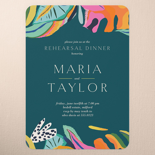 Vibrant Garden Rehearsal Dinner Invitation, Blue, 5x7 Flat, Pearl Shimmer Cardstock, Rounded