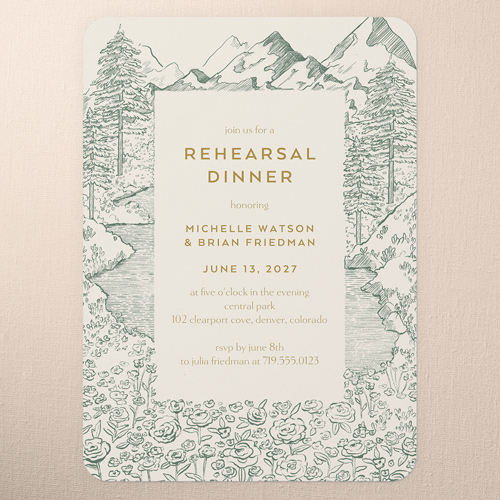 Alpine Affection Rehearsal Dinner Invitation, Green, 5x7 Flat, Write Your Own Greeting, Pearl Shimmer Cardstock, Rounded
