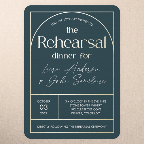 Geometric Impression Rehearsal Dinner Invitation, Gold Foil, Blue, 5x7 Flat, Matte, Signature Smooth Cardstock, Rounded, Seabrook