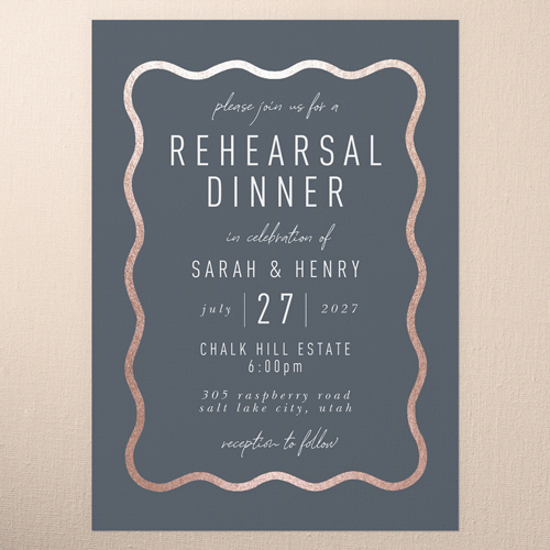 Wavy Foil Frame Rehearsal Dinner Invitation, Gray, Rose Gold Foil, 5x7 Flat, Luxe Double-Thick Cardstock, Square