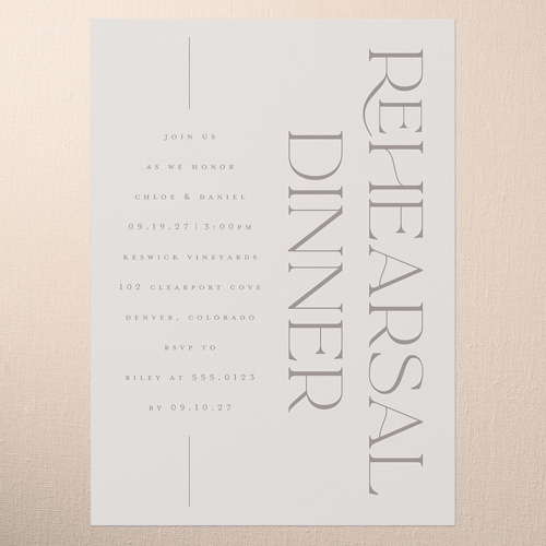 Vertical Headline Rehearsal Dinner Invitation, Gray, 5x7 Flat, Pearl Shimmer Cardstock, Square