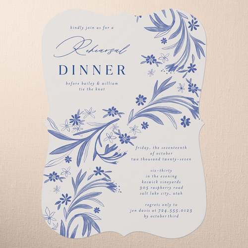 Floral Whimsy Rehearsal Dinner Invitation, Blue, 5x7 Flat, Pearl Shimmer Cardstock, Bracket