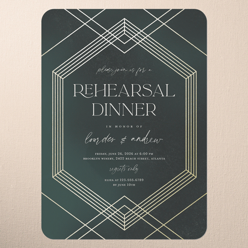 Diamond Deco Rehearsal Dinner Invitation, Gold Foil, Green, 5x7 Flat, Pearl Shimmer Cardstock, Rounded, Green
