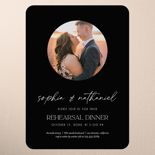 Soothing Showcase Rehearsal Dinner Invitation, Black, 5x7 Flat, Write Your Own Greeting, Pearl Shimmer Cardstock, Rounded
