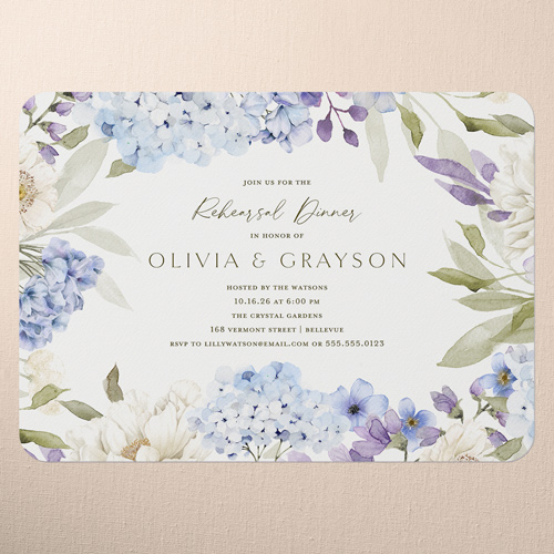 Hydrangea Highlight Rehearsal Dinner Invitation, Blue, 5x7 Flat, Pearl Shimmer Cardstock, Rounded