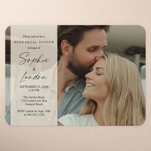 Longhand Overlay Rehearsal Dinner Invitation, Beige, 5x7 Flat, Pearl Shimmer Cardstock, Rounded, Cream