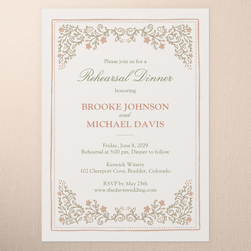 Botanical Trim Rehearsal Dinner Invitation, Beige, 5x7 Flat, 100% Recycled Cardstock , Square, Antique White