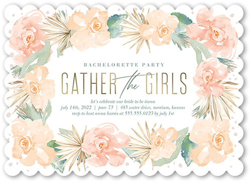 Gather the Girls Bachelorette Party Invitation, White, 5x7 Flat, Pearl Shimmer Cardstock, Scallop, White
