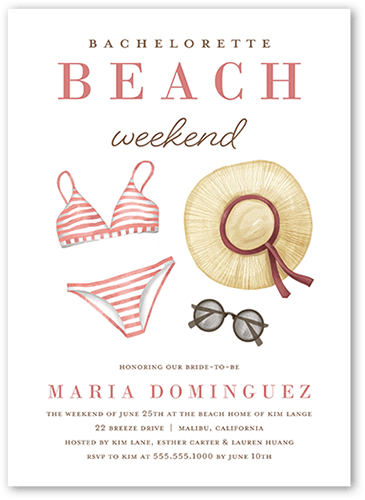 Beach Weekend Bachelorette Party Invitation, White, 5x7 Flat, Luxe Double-Thick Cardstock, Square