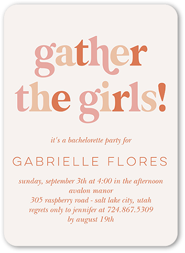 Girls Get Together Bachelorette Party Invitation, Orange, 5x7 Flat, 100% Recycled Cardstock , Rounded