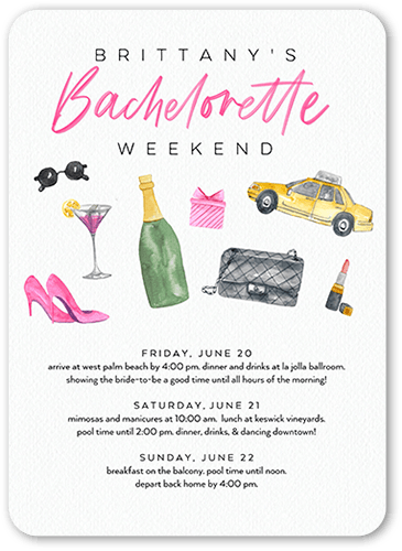 City Weekend Bachelorette Party Invitation, White, 5x7, Pearl Shimmer Cardstock, Rounded