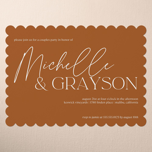 Typeface Names Couples Party Invitation, Orange, 5x7 Flat, Pearl Shimmer Cardstock, Scallop
