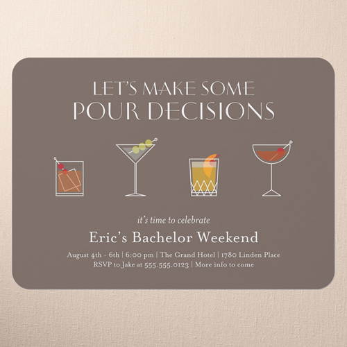 Pour Decisions Bachelor Party Invitation, Brown, 5x7 Flat, Pearl Shimmer Cardstock, Rounded