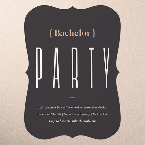 Tasteful Type Bachelor Party Invitation, Black, 5x7 Flat, Pearl Shimmer Cardstock, Bracket