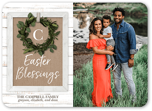 Burlap Wreath Easter Card, White, 5x7 Flat, Pearl Shimmer Cardstock, Rounded