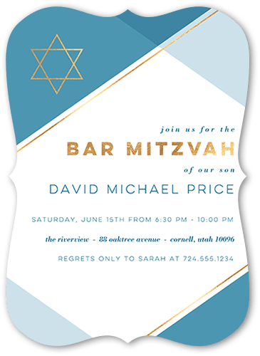 Bright Diagonal Bar Mitzvah Invitation, Blue, 5x7 Flat, Pearl Shimmer Cardstock, Bracket