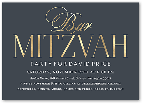 Lustrous Text Bar Mitzvah Invitation, Gray, 5x7 Flat, Pearl Shimmer Cardstock, Square, Gray