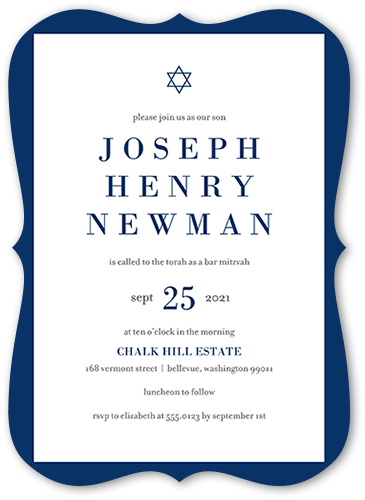 Bold Color Frame Bar Mitzvah Invitation, White, 5x7 Flat, Pearl Shimmer Cardstock, Bracket