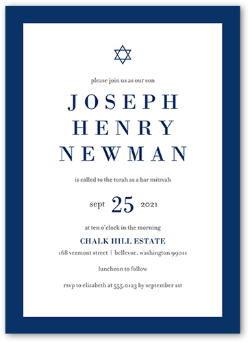 Bold Color Frame Bar Mitzvah Invitation, White, 5x7 Flat, Pearl Shimmer Cardstock, Square