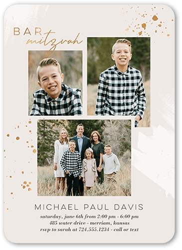 Bold Speckles Bar Mitzvah Invitation, Grey, 5x7 Flat, Standard Smooth Cardstock, Rounded, Whisper Gray