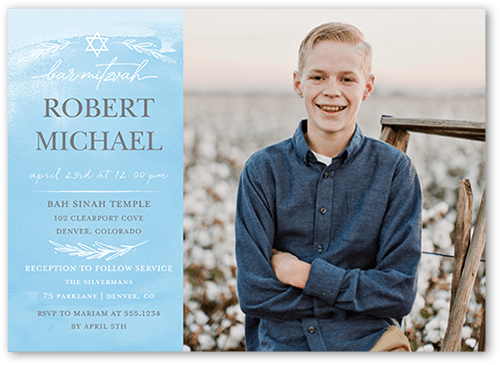Vivid Watercolor Bar Mitzvah Invitation, Blue, 5x7 Flat, Luxe Double-Thick Cardstock, Square