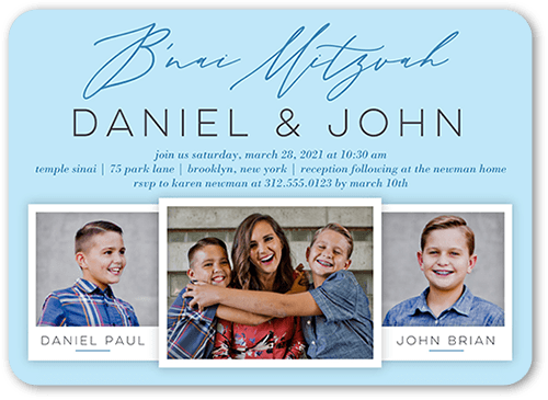 Brilliant Snapshot Bar Mitzvah Invitation, Blue, 5x7 Flat, 100% Recycled Cardstock , Rounded