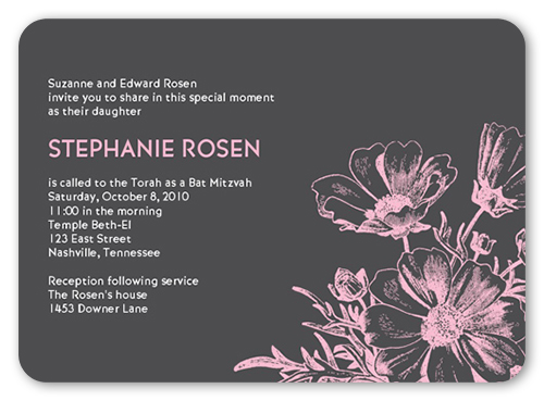 Bat Mitzvah Blooms Bat Mitzvah Invitation, Grey, Pearl Shimmer Cardstock, Rounded, Grey