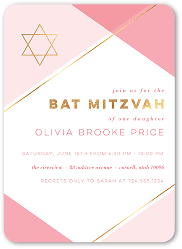 Diagonal Color Bat Mitzvah Invitation, Pink, 5x7 Flat, Matte, Signature Smooth Cardstock, Rounded