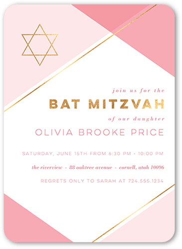 Diagonal Color Bat Mitzvah Invitation, Pink, 5x7 Flat, Standard Smooth Cardstock, Rounded