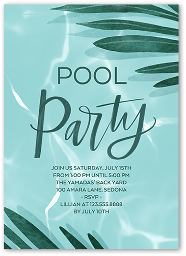 Cool Pool Party Summer Invitation, Blue, 5x7 Flat, Pearl Shimmer Cardstock, Square