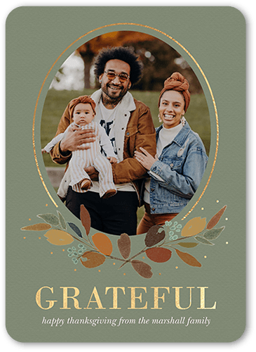 Delicate Leaves Fall Greeting, Green, 5x7 Flat, Pearl Shimmer Cardstock, Rounded, Rosemary