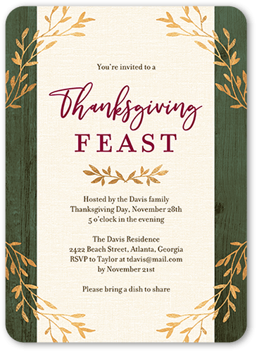 Brushy Border Fall Invitation, Green, 5x7 Flat, 100% Recycled Cardstock , Rounded, Spruce