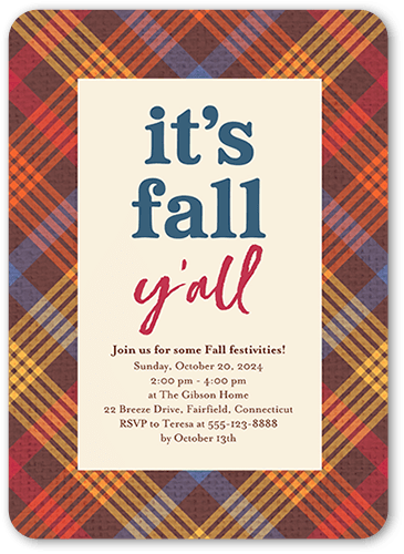 Fall Yall Fall Invitation, White, 5x7, Standard Smooth Cardstock, Rounded