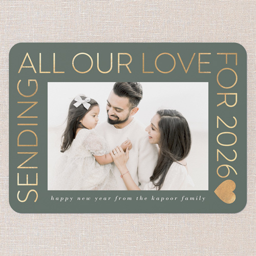 Sending All Our Love New Year's Card, Green, 5x7 Flat, New Year, Standard Smooth Cardstock, Rounded, Avocado