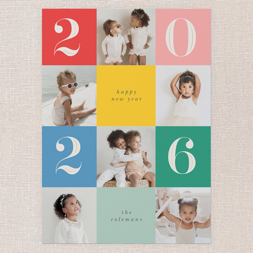 Checkerboard Year New Year's Card, Pink, 5x7 Flat, New Year, Pearl Shimmer Cardstock, Square, Salmon