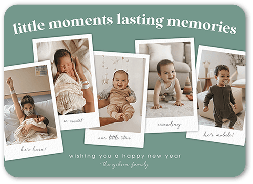 Photo Collage New Year's Card, Green, 5x7 Flat, New Year, Pearl Shimmer Cardstock, Rounded