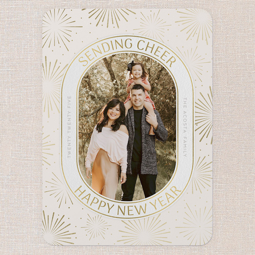 Festive Fireworks New Year's Card, Beige, 5x7 Flat, New Year, Pearl Shimmer Cardstock, Rounded