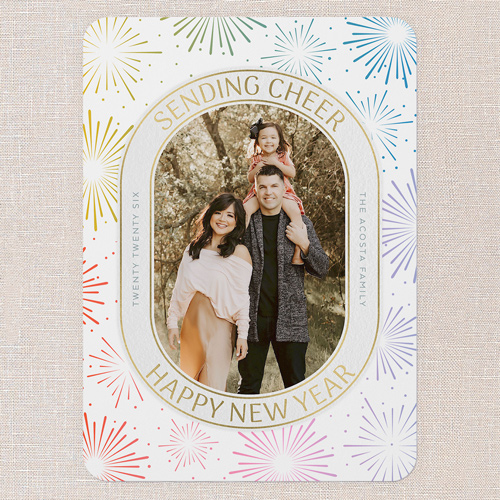 Festive Fireworks New Year's Card, Pink, 5x7 Flat, New Year, Standard Smooth Cardstock, Rounded, Poppy