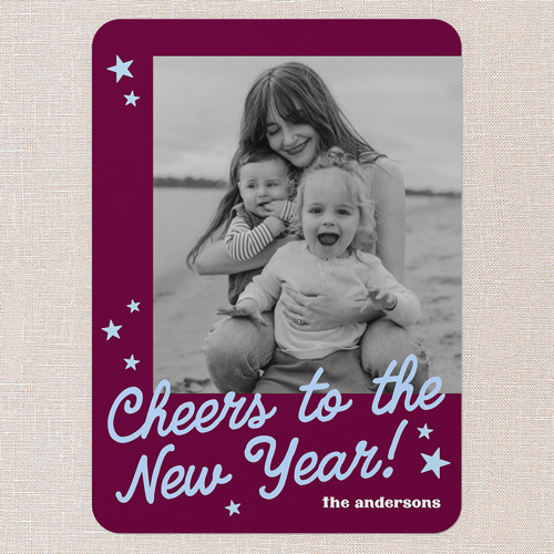 Starlit Cheers New Year's Card, Purple, 5x7 Flat, New Year, 100% Recycled Cardstock , Rounded, Merlot