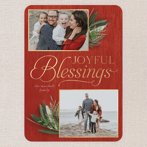 Evergreen Blessings Religious Christmas Card, Red, 5x7 Flat, Religious, Pearl Shimmer Cardstock, Rounded