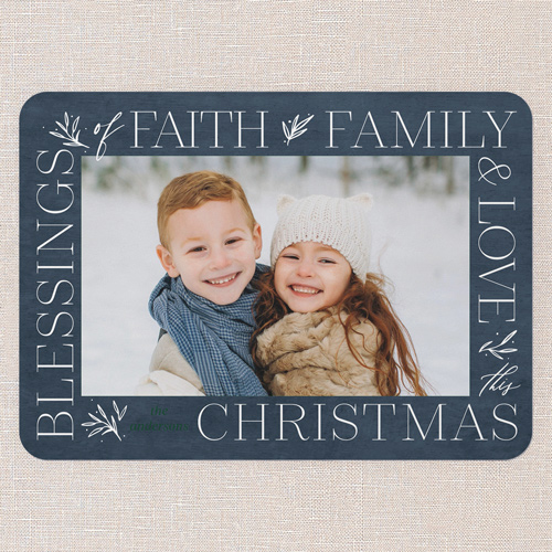 Blessed Border Religious Christmas Card, Blue, 5x7 Flat, Religious, 100% Recycled Cardstock , Rounded, Slate Blue