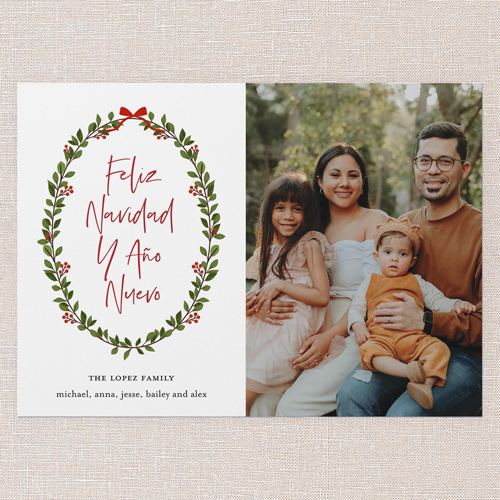 Lavish Wreath Tarjeta de Navidad, White, 5x7 Flat, Feliz Navidad, Luxe Double-Thick Cardstock, Square, White