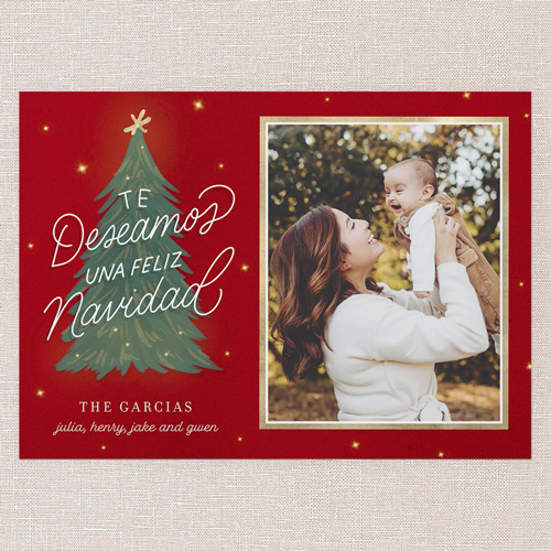 Lovely Tree Tarjeta de Navidad, Red, 5x7 Flat, Feliz Navidad, Luxe Double-Thick Cardstock, Square, Cinnamon