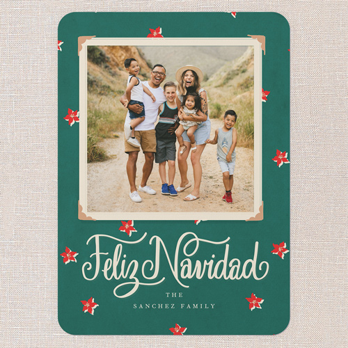 Festive Poinsettia Tarjeta de Navidad, Green, 5x7 Flat, Feliz Navidad, Pearl Shimmer Cardstock, Rounded, Tropical