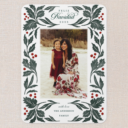 Leafy Embrace Tarjeta de Navidad, White, 5x7 Flat, Feliz Navidad, 100% Recycled Cardstock , Rounded, White