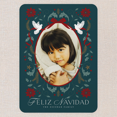 Peaceful Gathering Tarjeta de Navidad, Blue, 5x7 Flat, Feliz Navidad, Pearl Shimmer Cardstock, Rounded, Neptune