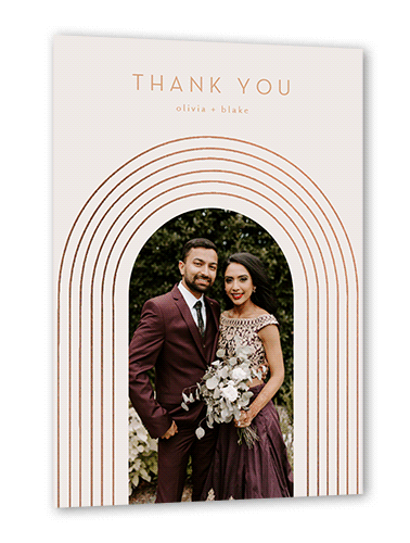 Arch Skyward Wedding Thank You Card, Grey, Rose Gold Foil, 5x7 Flat, Pearl Shimmer Cardstock, Square