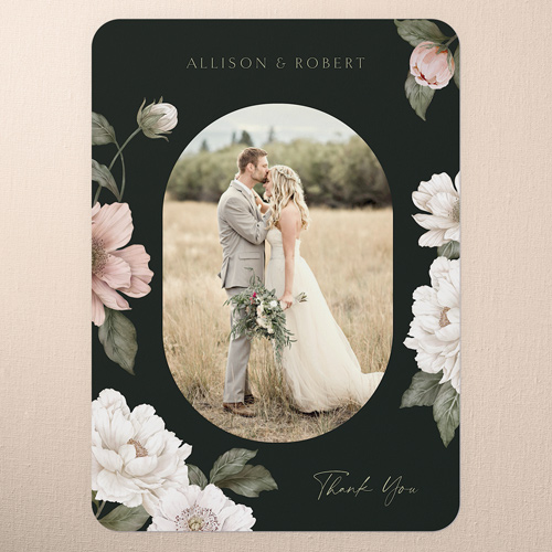 Peaceful Flowers Wedding Thank You Card, Black, 5x7 Flat, 100% Recycled Cardstock , Rounded, Black