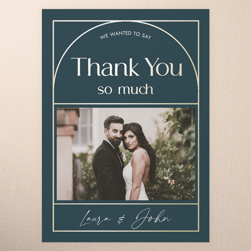 Geometric Impression Wedding Thank You Card, Gold Foil, Blue, 5x7 Flat, Pearl Shimmer Cardstock, Square